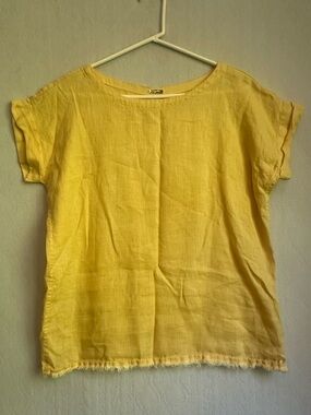Magaschoni Yellow Linen Oversized Top Sz S Fringe Hem Lagenlook Boxy